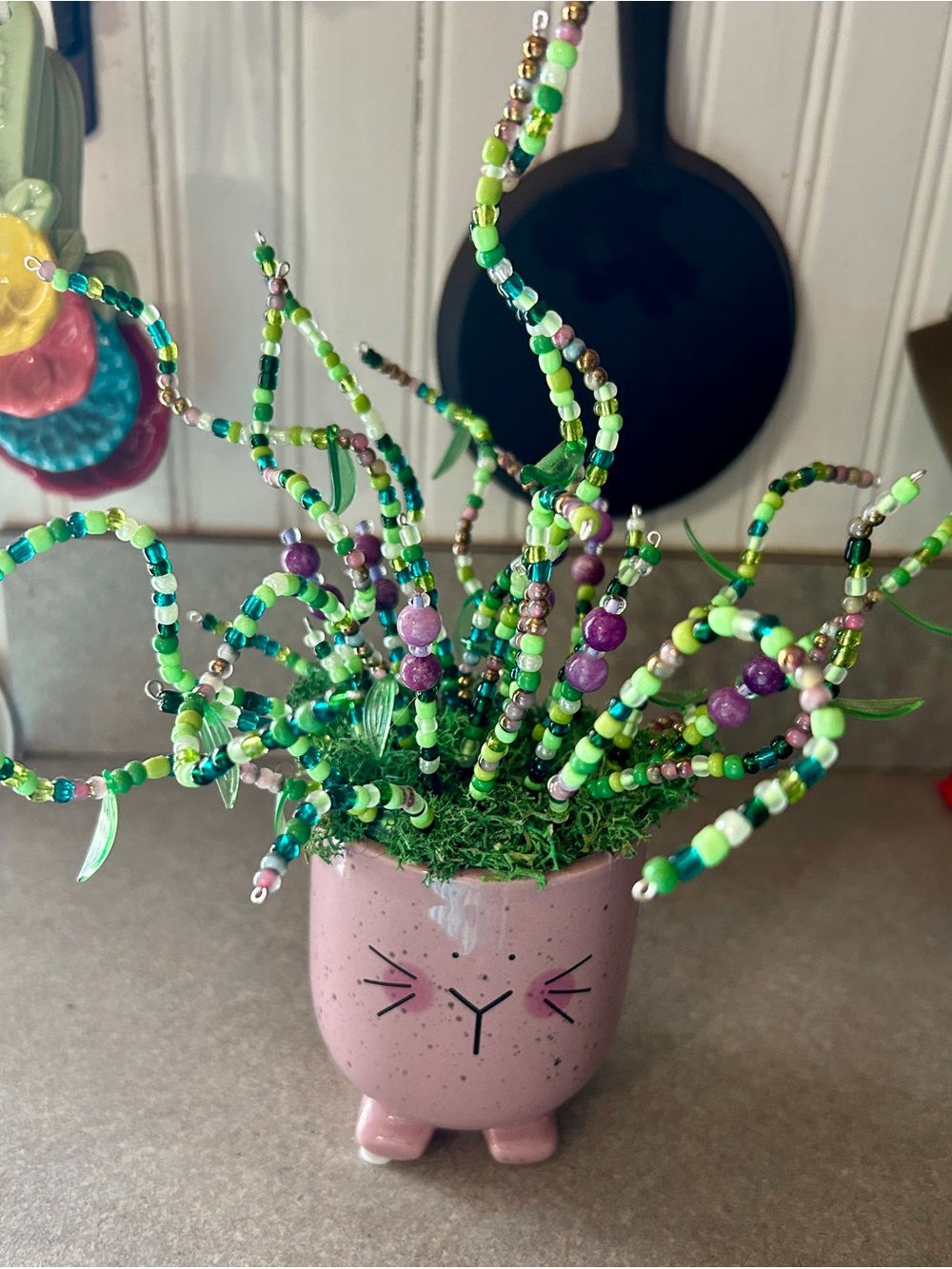 Hand Crafted bunny Planter with Green and Purple Beaded Stems